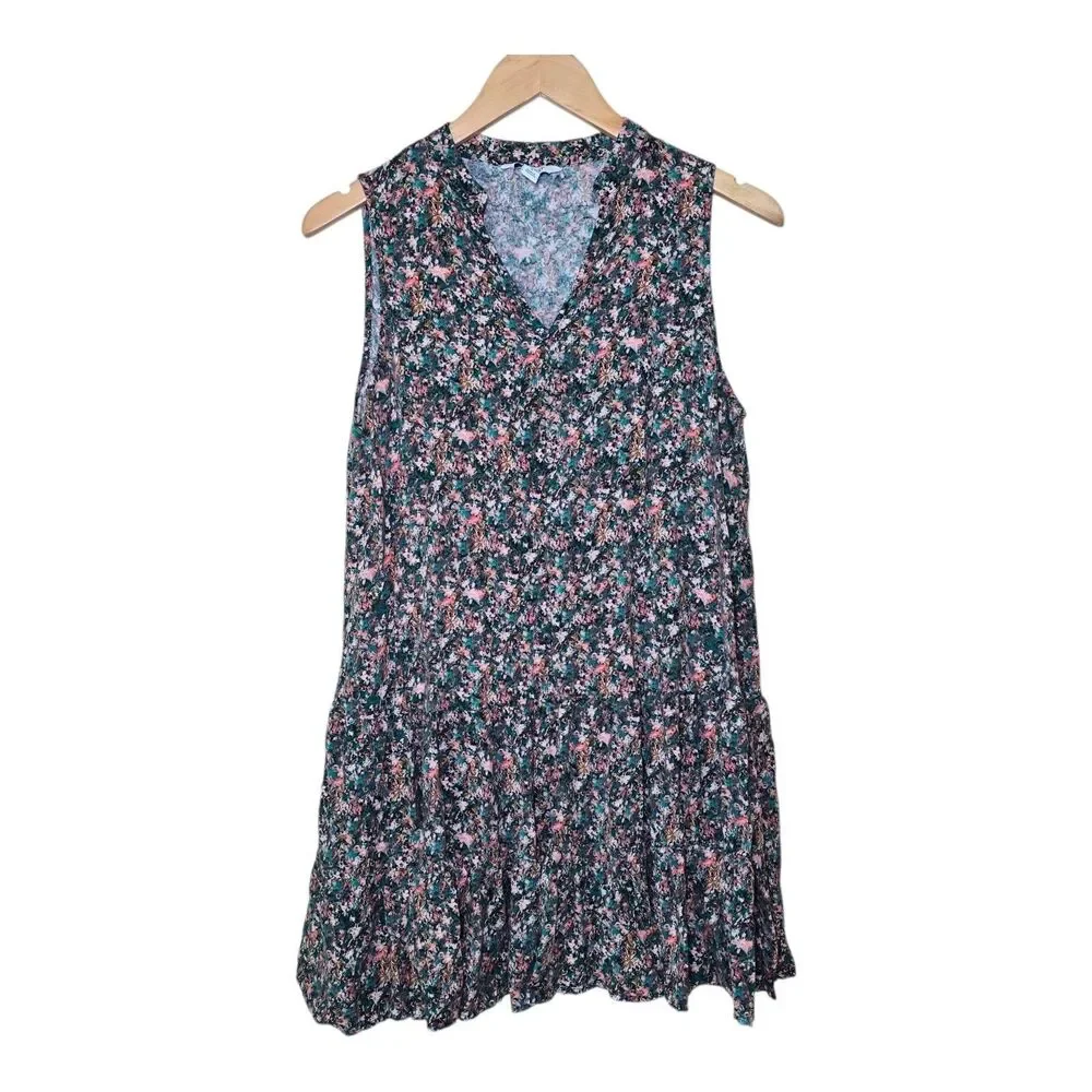 Nine West Floral Tiered Mini Dress Sleeveless V-Neck Pink Teal Black Women's Lrg